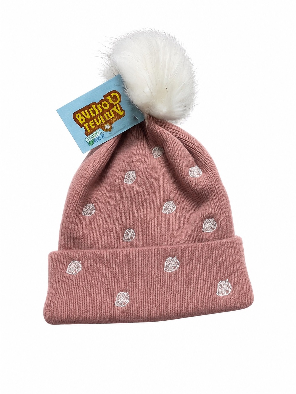Animal Crossing Women’s Pom Knit Beanie Pink Winter Hat Leaves New Horizons NWT